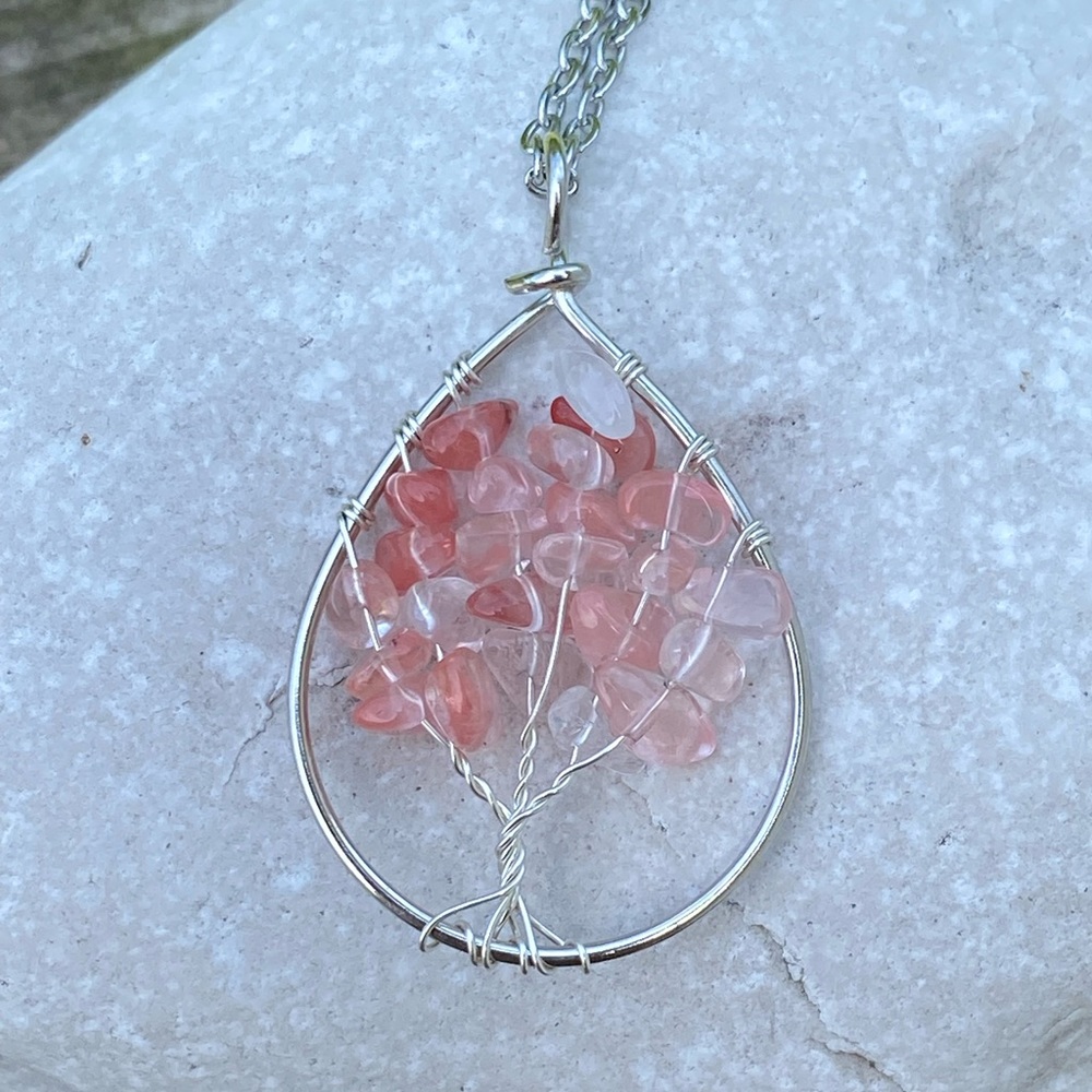 Cherry Quartz gemstone Tree of Life necklace stainless steel chain